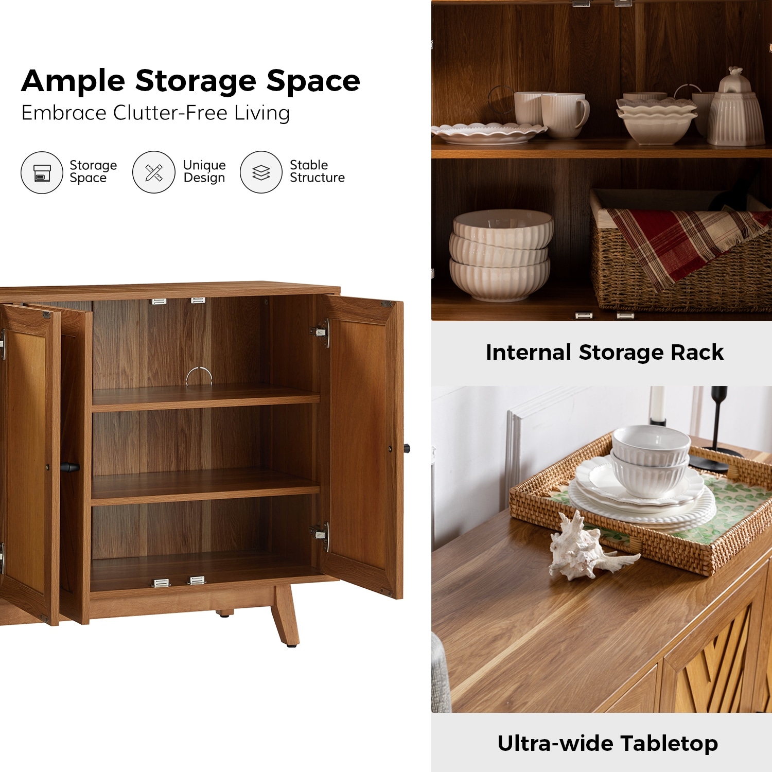 Tobias 57"Wide Mid-century Chevron-patterned Sideboard with Adjustable Shelves by HULALA HOME