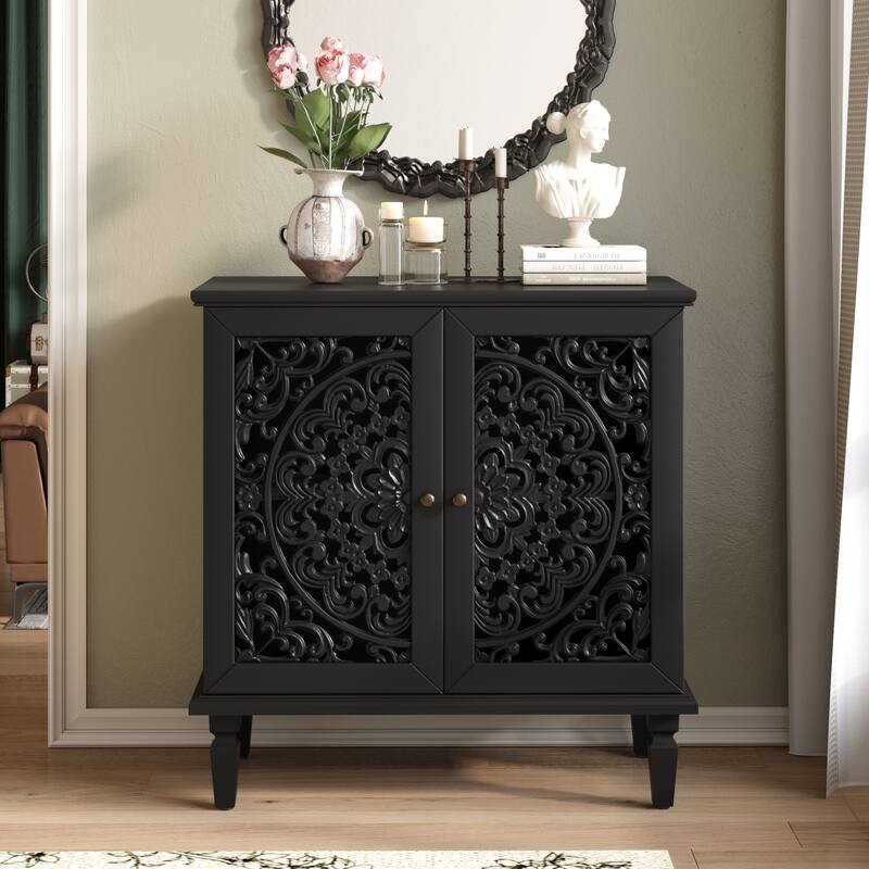 Roomfitters 2-Door Hollow-Carved Accent Cabinet, Symmetrical Floral Sideboard with Adjustable Shelf