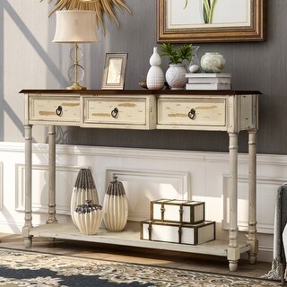 Rustic Solid Wood Console Table with Projecting Drawers and Long Shelf ...
