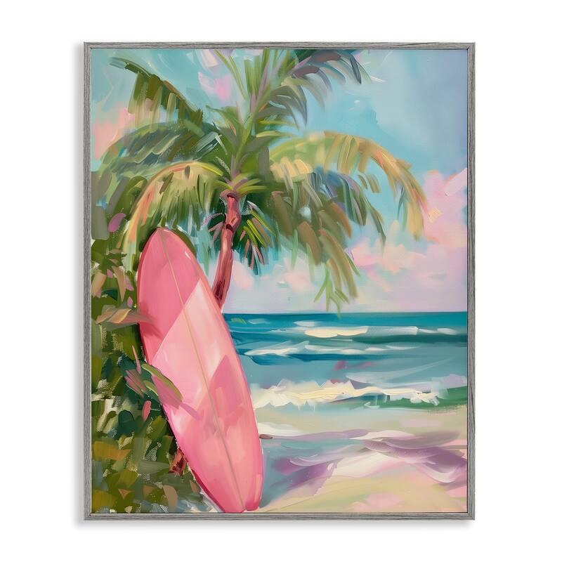 Stupell Pink Surfboard on Beach Framed Giclee Art Design By Arlington Prints - 11 x 14 - Grey