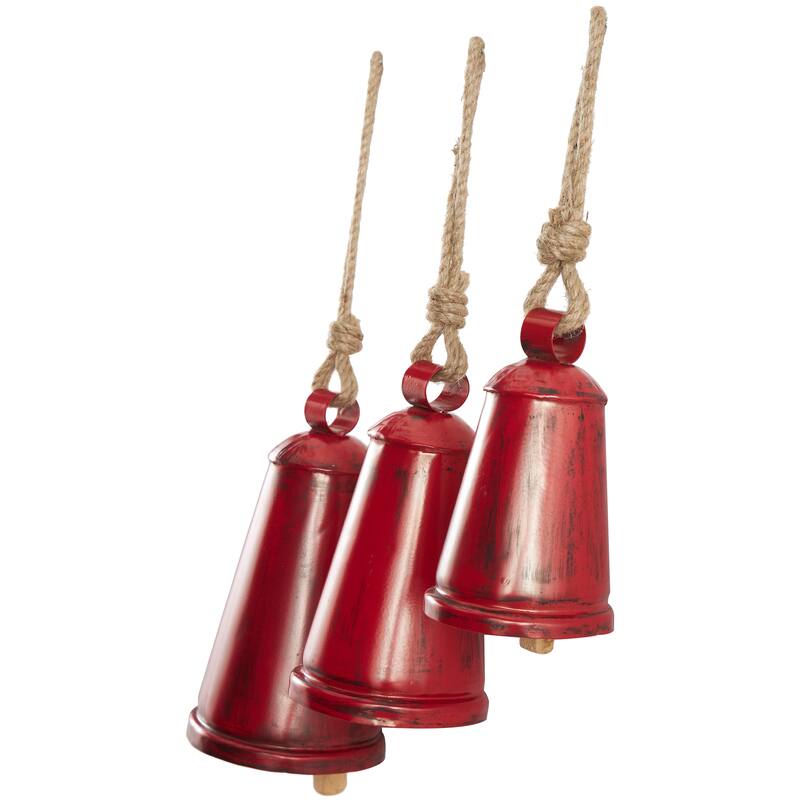 Gray, Red, Black or Bronze Metal Tibetan Inspired Decorative Cow Bell with Jute Hanging Rope (Set of 3)