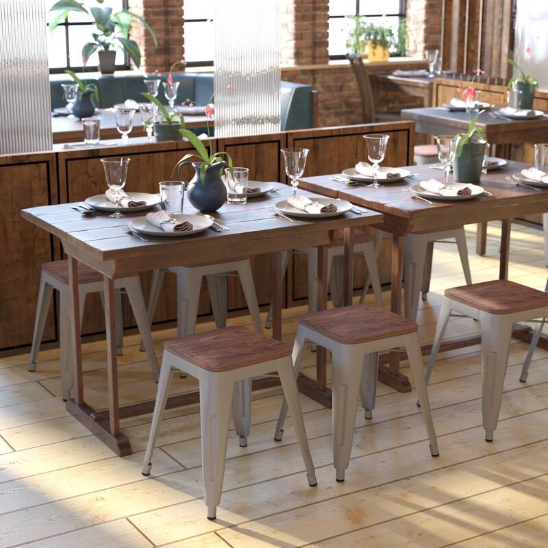 Set of 4 18" Table Height Indoor Stackable Metal Stool with Wood Seat