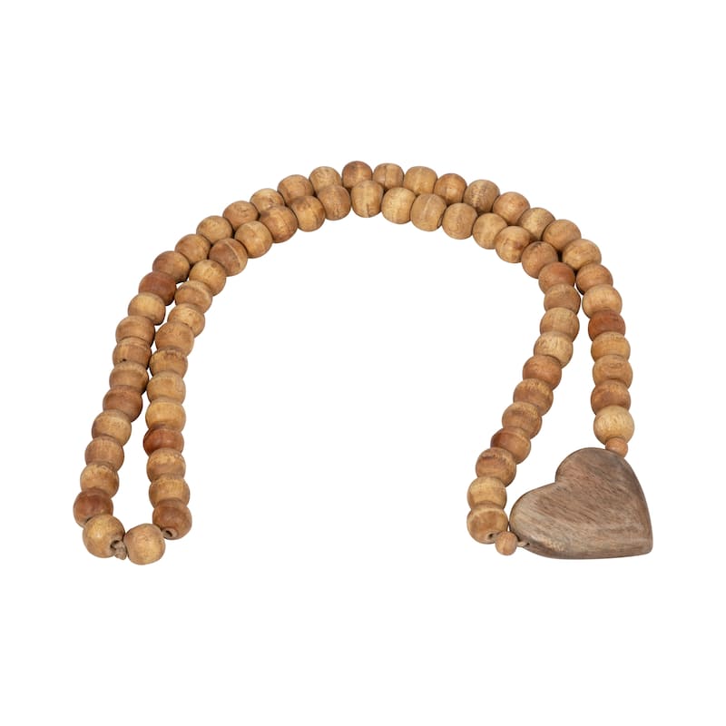 Sagebrook Home Neutral 26" Beaded Wooden Garland with Heart Contemporary Rustic Farmhouse Natural Brown Wooden Bead - 28" x 3" x 1" - Beaded Brown