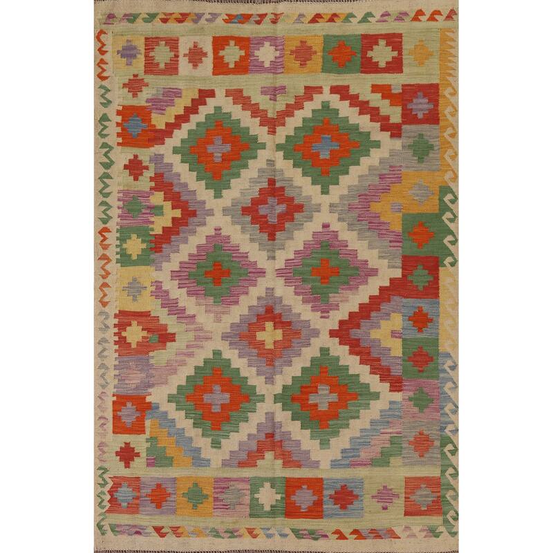Hand Woven Oriental 100% Wool Carpet Southwestern Geometric Multi-Colored Kilim Area Rug - 6' 8'' X 4' 10''