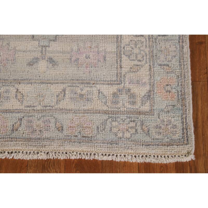 Hand Knotted Oriental 100% Wool Carpet Transitional Geometric Navy Blue & Blues Oushak Runner Rug - 9' 4'' X 2' 4''