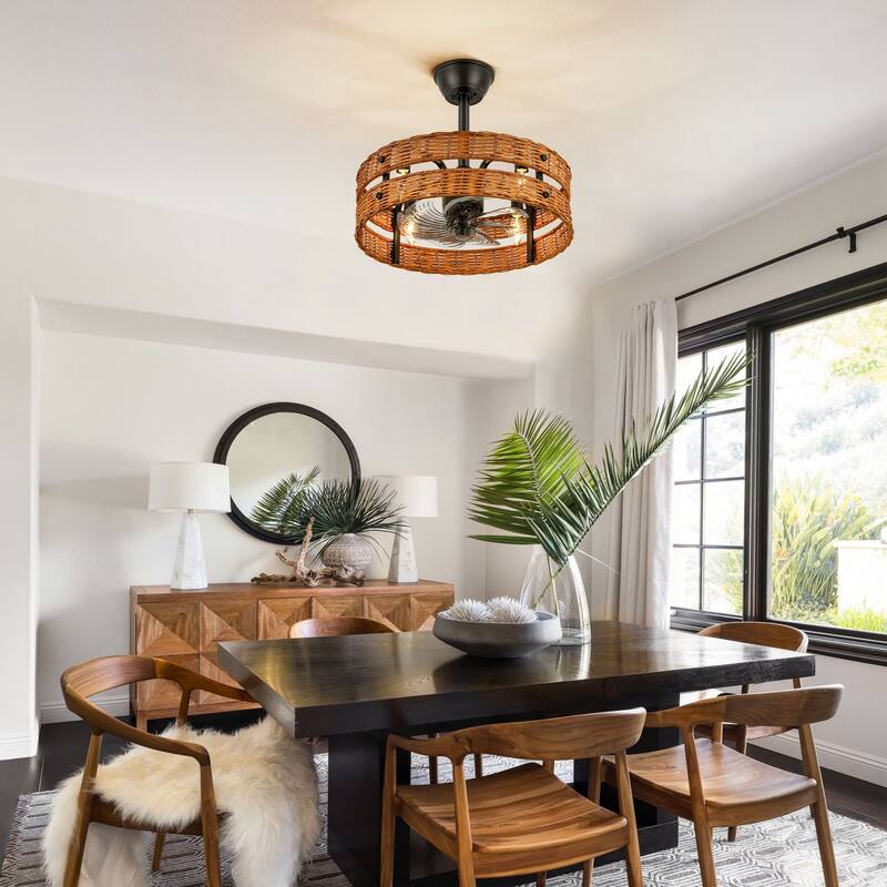 4-Light Farmhouse Brown and Black Woven Rattan Drum Ceiling Fan Lighting with Remote Control - 19.3 in. W x 6.9 in. H