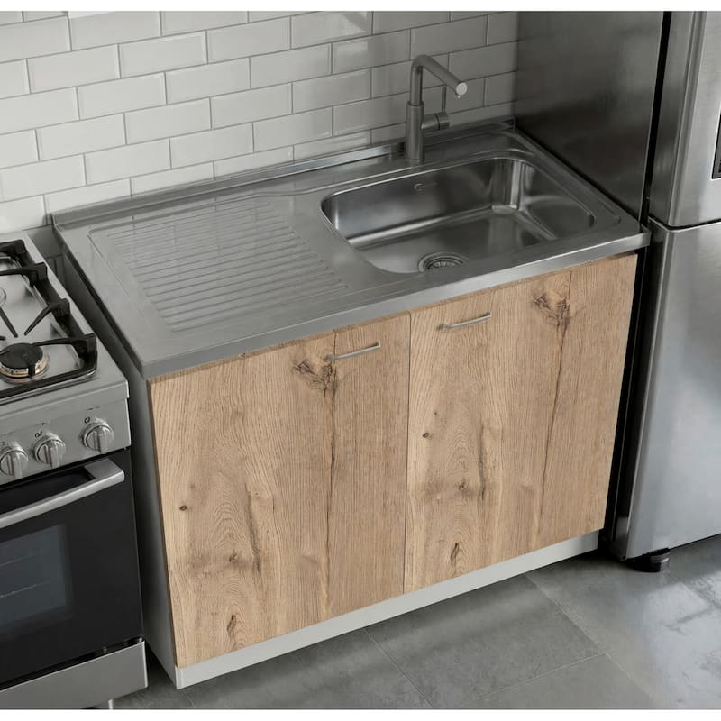 TUHOME Napoles Utility Sink Cabinet with Integrated Steel Sink - White/ Light Grey