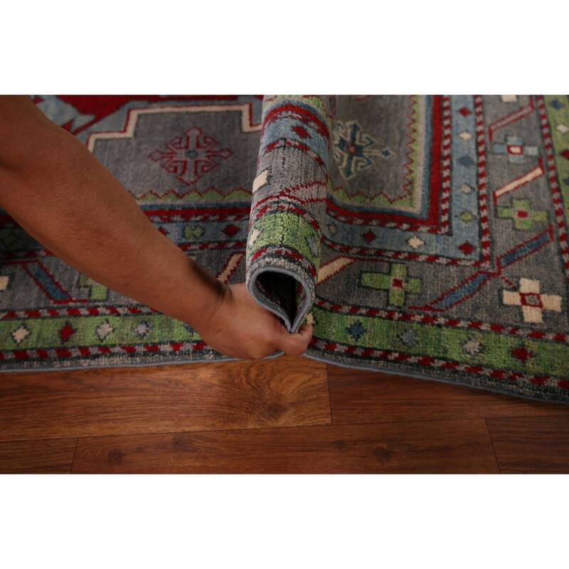 Kazak Accent Rug Hand-Knotted Grey Geometric Wool Carpet - 3'4" x 5'0"