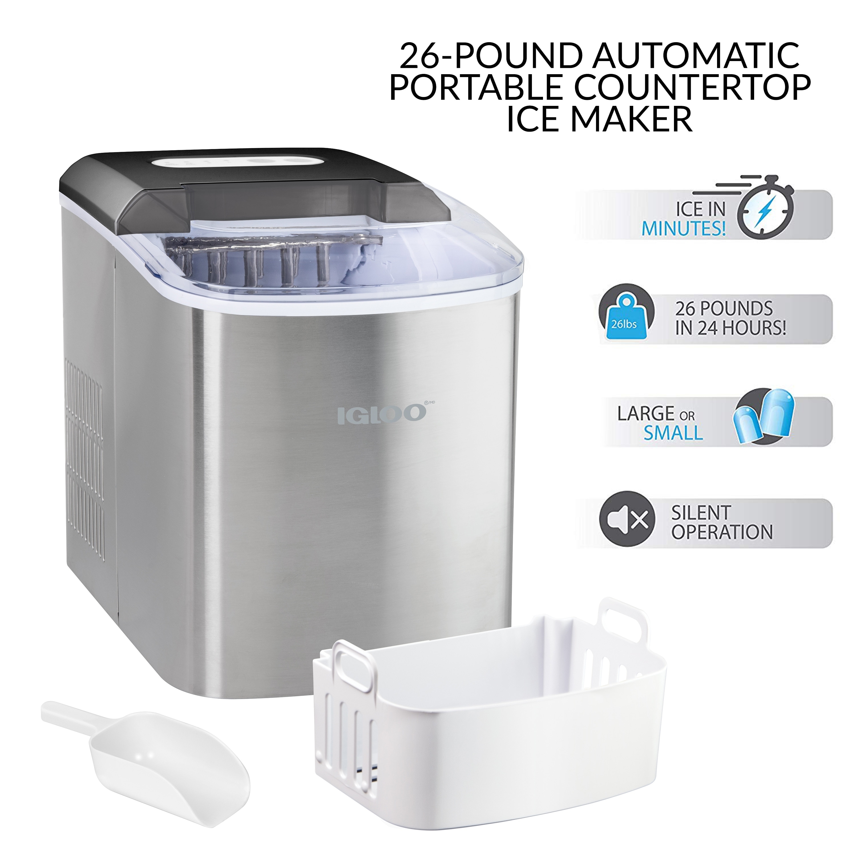  Igloo Electric Countertop Ice Maker Machine - Automatic and  Portable - 33 Pounds in 24 Hours - Ice Cube Maker - Ice Scoop and Basket -  Ideal for Iced Coffee and Cocktails - Silver : Appliances