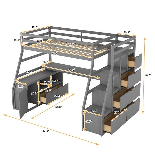 dimension image slide 1 of 6, Loft Bed Frame wDesk and Storage Staircase, Wood Loft Bed with 7 Drawers and 2 Shelves, Kid's Loft Bed Study Bed with Staircase