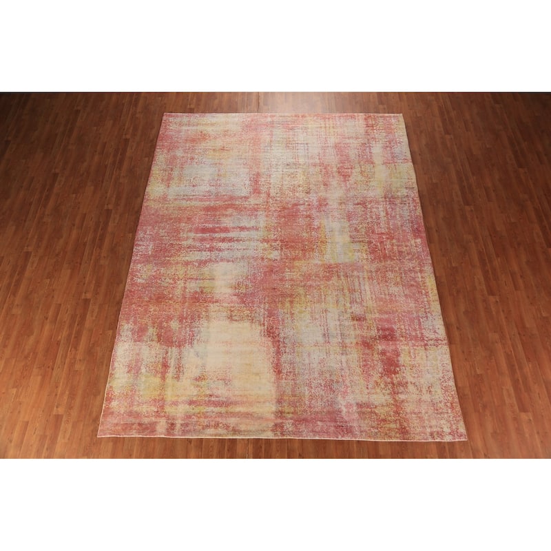 Contemporary Abstract Indian Area Rug Hand-Knotted Orange Wool Carpet - 9'0"x 11'8"