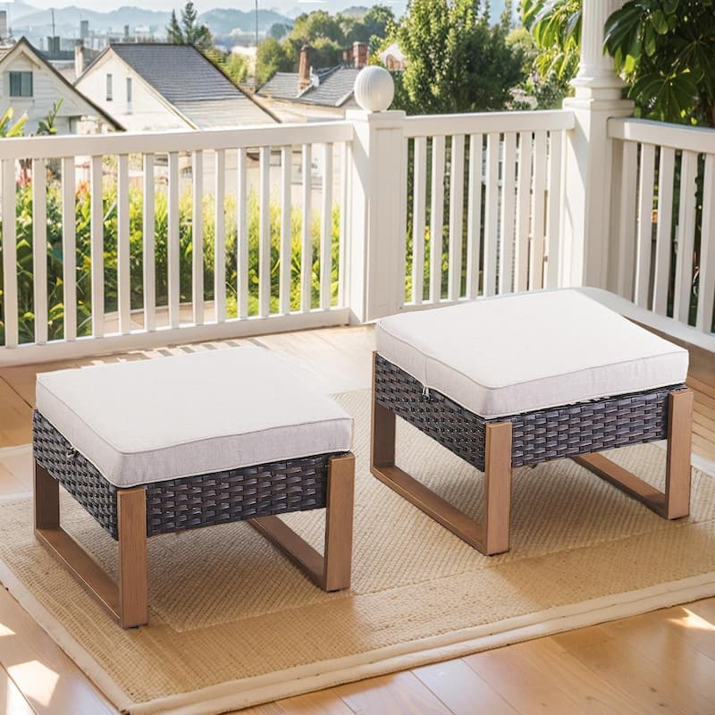 2 Pieces Outdoor Patio Ottoman with Cushion - Brown - Beige