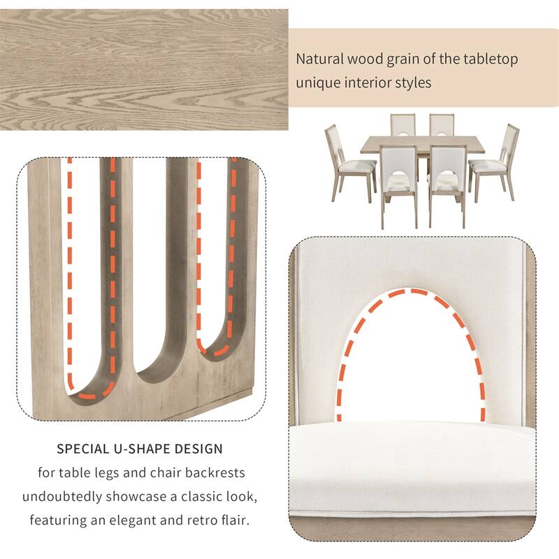 Wood Dining Table Set for 6, 1 Dining Table & 6 Upholstered Chairs