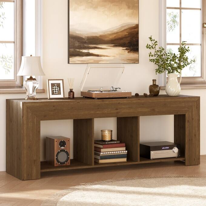 Solid Wood Low Entryway Table, 63-Inch Console Table with Shelf