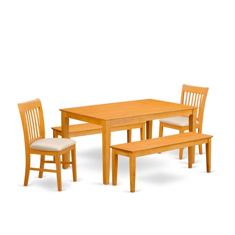 East West Furniture 5 Piece Modern Dining Table Set- a Rectangle Table and 2 kitchen Chairs with 2 Benches, Oak (Seat Options)
