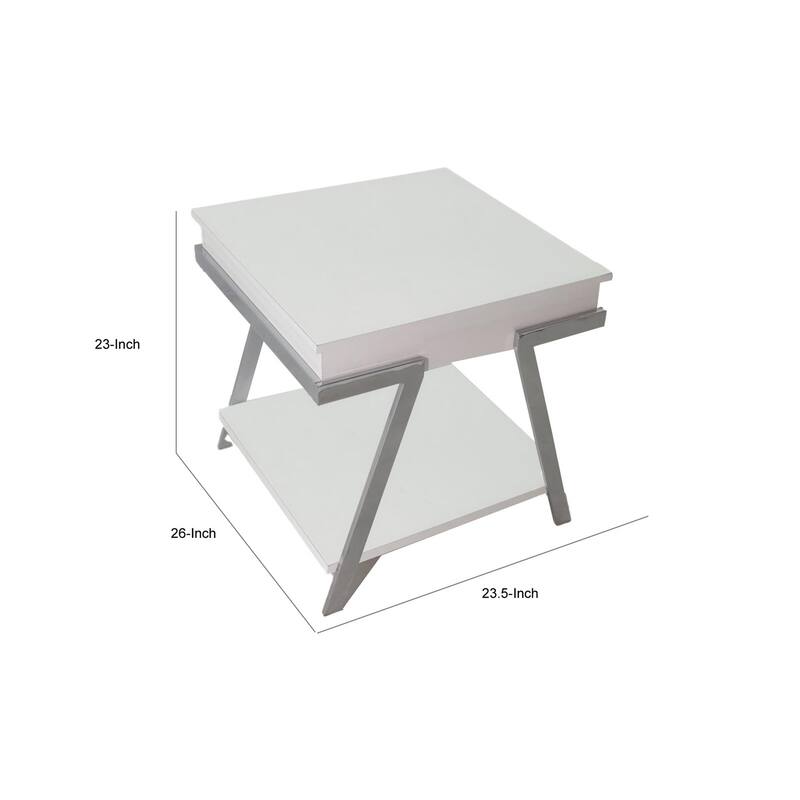 Casey 26 Inch End Table, Chrome Angled Metal Frame, Square Glossy White Top