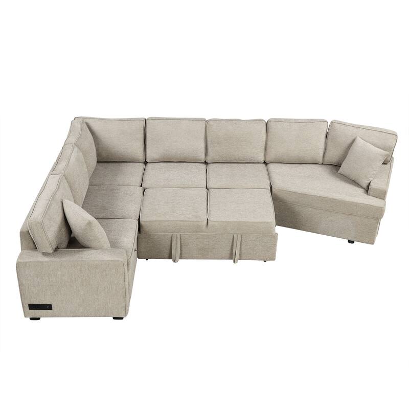 Beige 126" L-Shaped 6-Seat Sectional Sofa with Pull-Out Bed, USB Charging Ports, and Drop-Down Cup Holder Tables