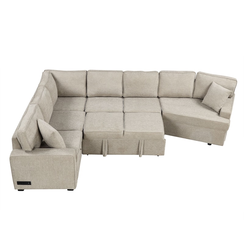 Modern 126" L-Shaped Sofa with Sleeper Bed, Cup Holders, and Power Outlets