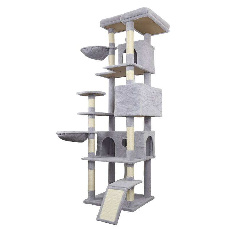 84.6 in Cat Tree Tower with Wide Base, 3 Large Hinding Condo, 11 Sisal Scratching Post, Sisal Scratching Ladder, 2 Hammocks - Light Gray