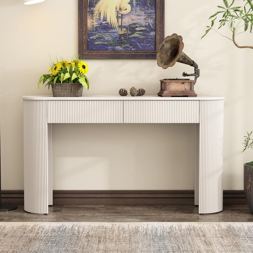Entryway Table With Fluted Design, Modern Console Table With Storage, Oval Top And 2 Drawers For Entryway And Living Room