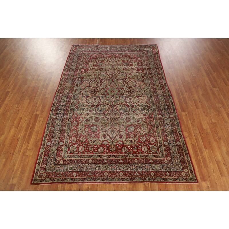 Hand Knotted Oriental 100% Wool Carpet Traditional Floral Beige & Ivories Kerman Area Rug - 9' 4'' X 6' 3''
