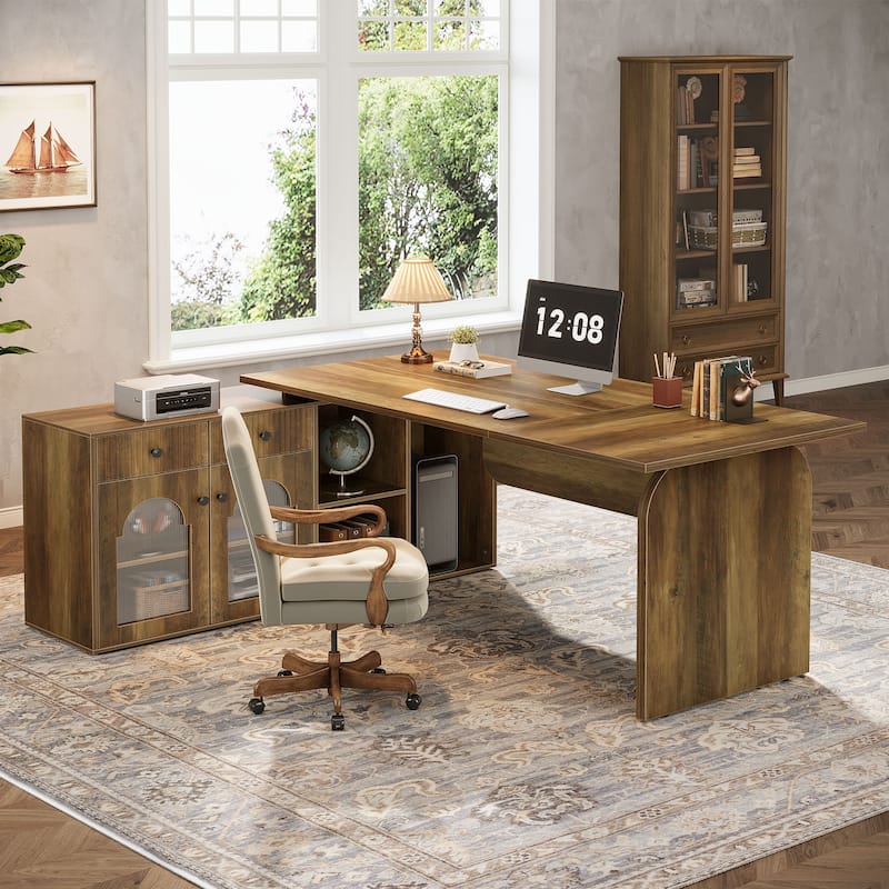 Wood L-Shaped Executive Desk with File Cabinet for Home Office