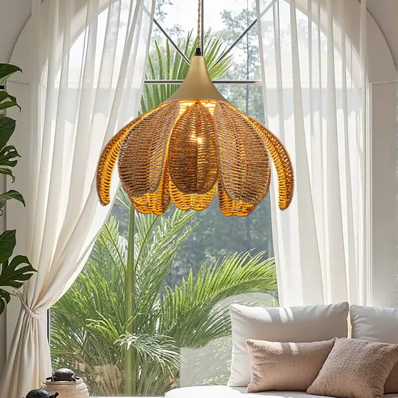 Kamala 1-Light Rattan Hemp Floral Pendant, Modern Coastal Boho - Handwoven