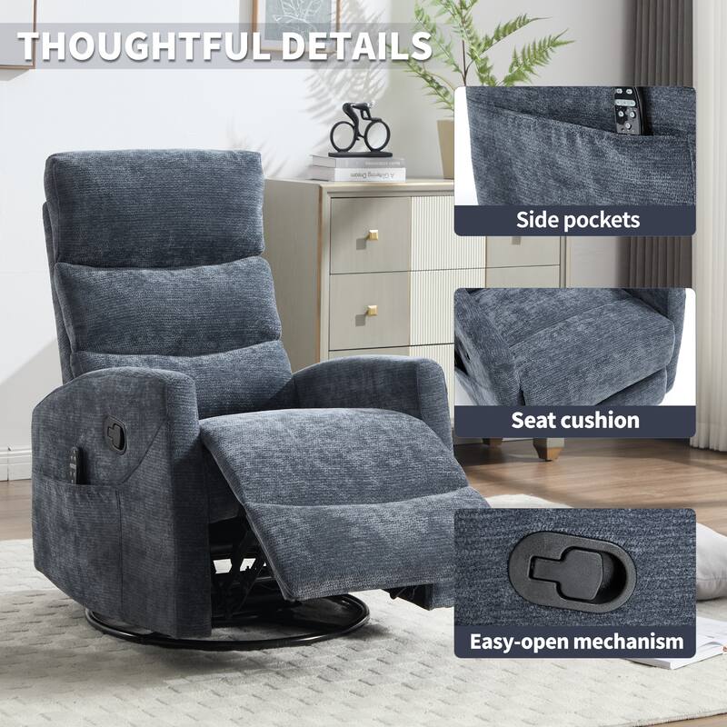 Roomfitters Manual Rocker Swivel Recliner Chair with Heat and Massage Fabric Glider Lounge Sofa for Living Room