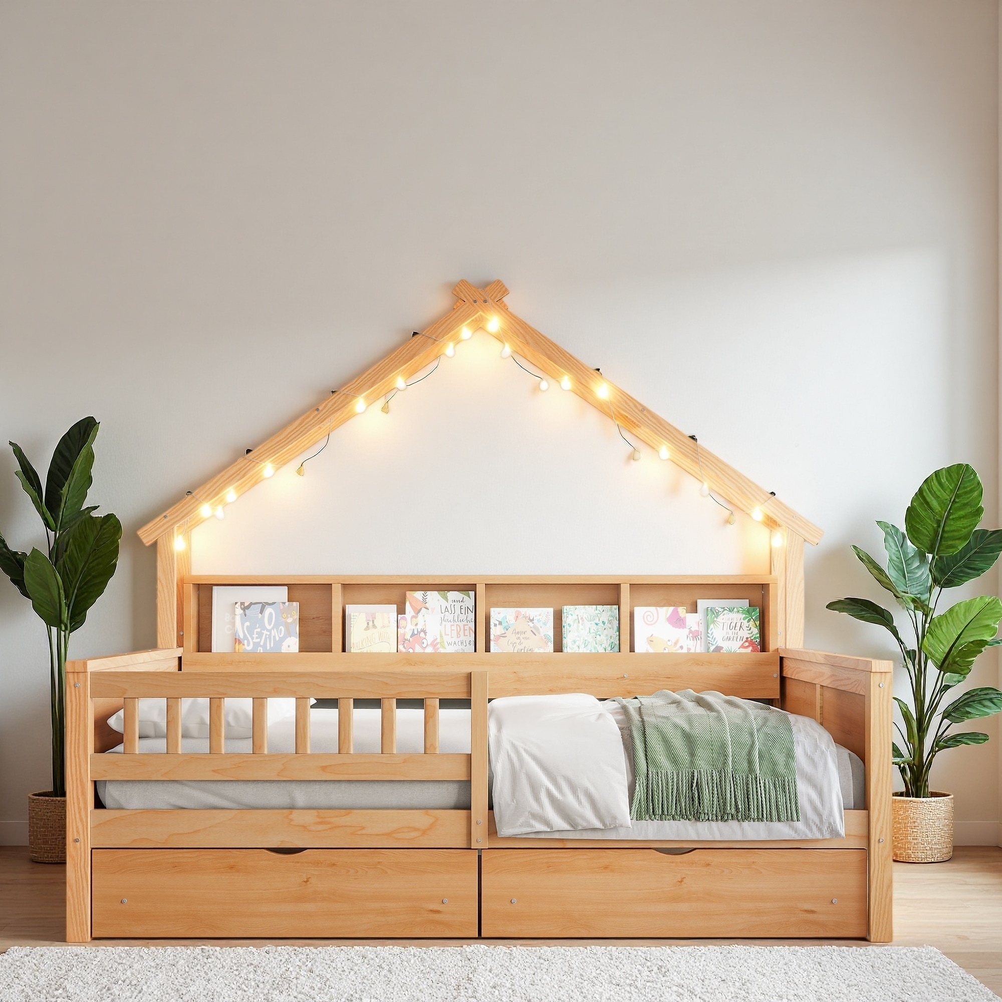 Full Size Wood House Platform Bed with LED, Storage Shelves, Drawers, and Guardrail