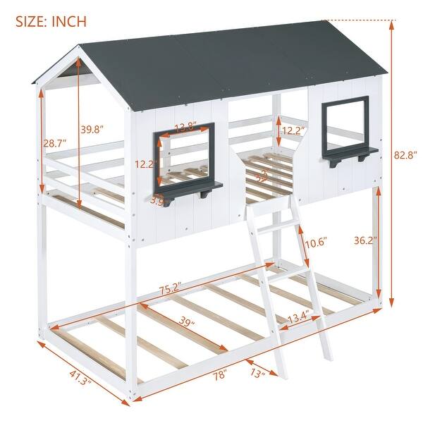dimension image slide 0 of 2, Twin Bunk Bed with Pitched Roof and Playhouse Design, Storage-Ready