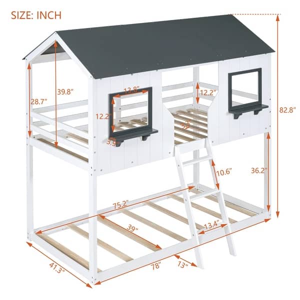 dimension image slide 0 of 2, Twin Over Twin Bunk Bed with Roof, Windows, Ladder, and Guardrails, Solid Wood Playhouse Design, Space-Saving for Kids, Grey