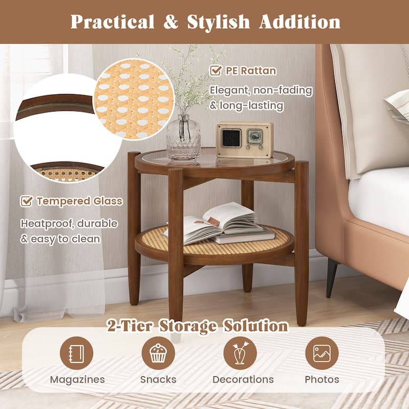 Gymax 2-Tier Round Side End Table PE Rattan Sofa Nightstand Tempered