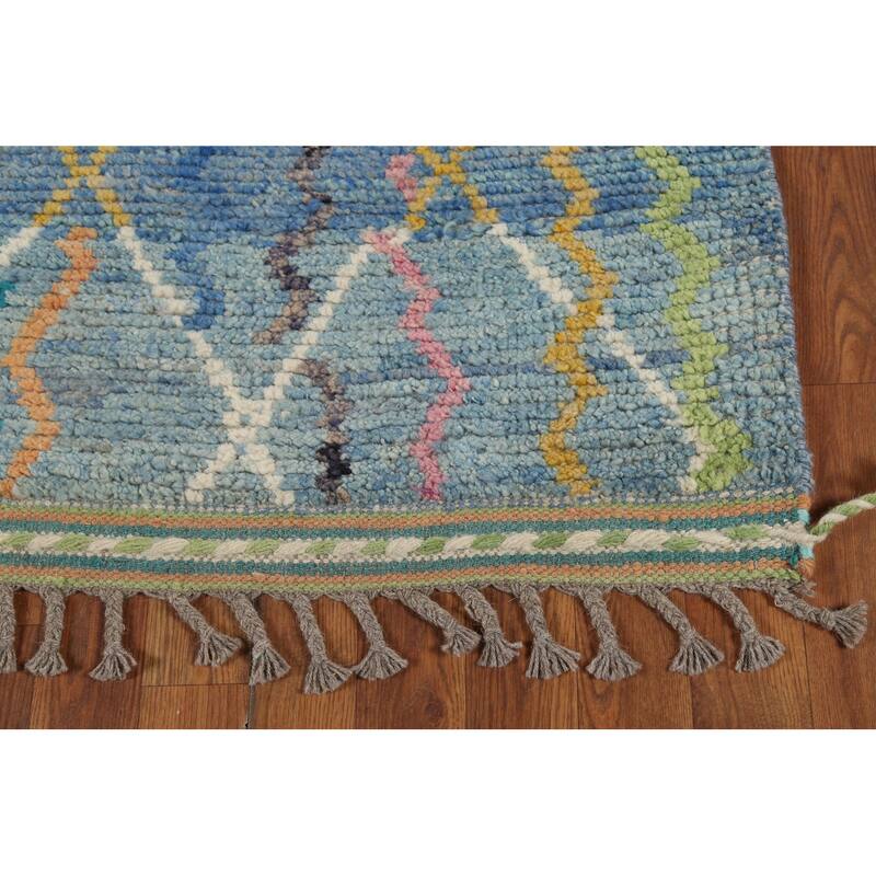 Contemporary Blue Moroccan Runner Rug Hand-Knotted Wool Carpet - 2'10"x 16'1"