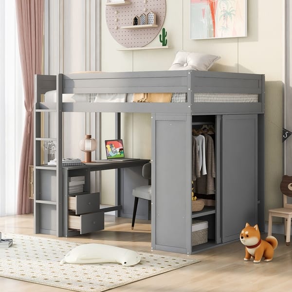 slide 2 of 18, Modern Concise Style Full Size Loft Bed with Workstation,Drawers and Wardrobes Beneath,Wood Bed with Safety Guardrail Gray