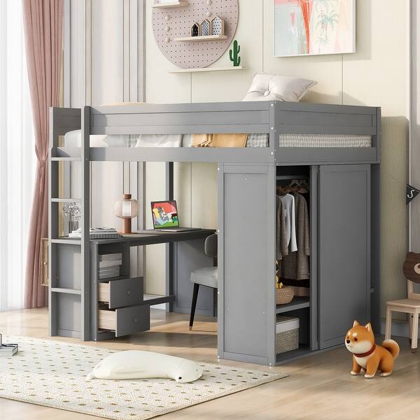 slide 2 of 35, Modern Full Size Wood Loft Bed Kids Bed with Wardrobes and Two Storage Drawers,Desk with Cabinet Grey