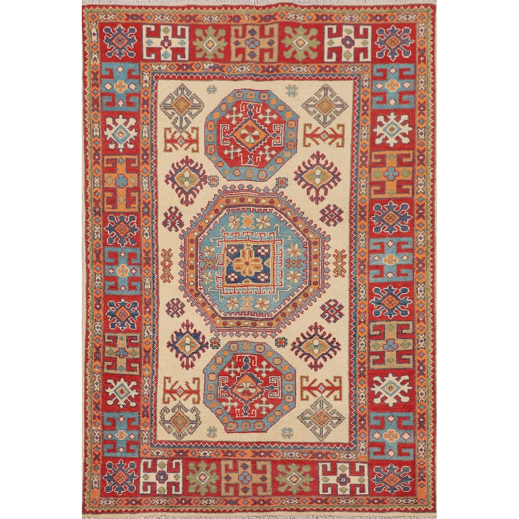 Geometric Beige Kazak Foyer Rug Hand-Knotted Oriental Wool Carpet - 4'0" x 5'11"