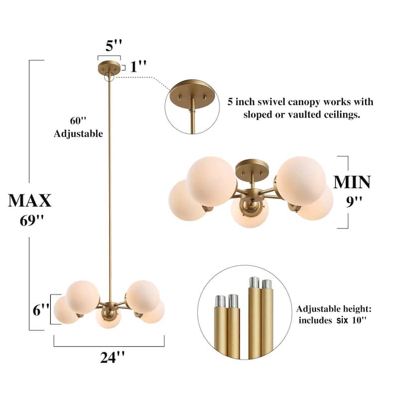 Cionar Mid-century Modern 5-Light Sputnik Dining Room Chandelier Wheel Kitchen Pendant with Orb Frosted Glass - D24" x H 69"