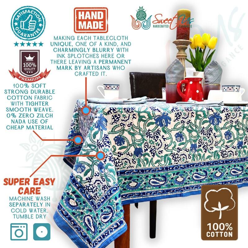 Block Print Cotton Verdant Floral Paisley Tablecloth Collection