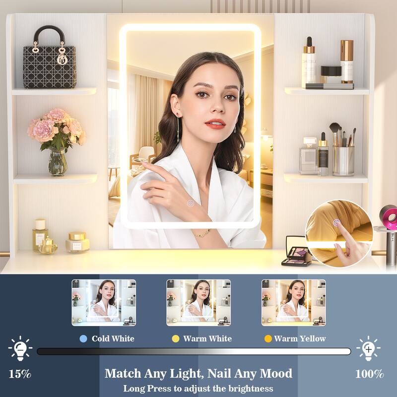 Modern Farmhouse Vanity Table with LED Mirror, Makeup Vanity Desk with Drawer, Cabinet, and Shelves