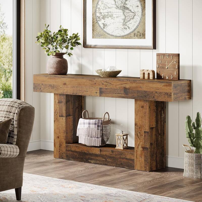 63 Inches Brown/ Gray Wood Hallway Table, Farmhouse Console Table for Entryway