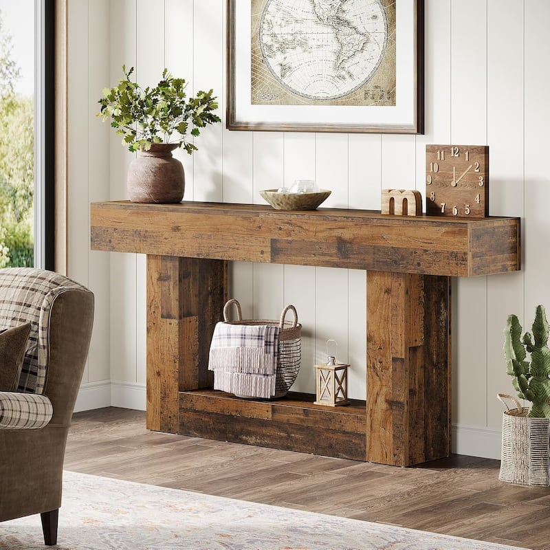 Farmhouse 2 Tiers Console Table Entryway Table with U-Shaped Base