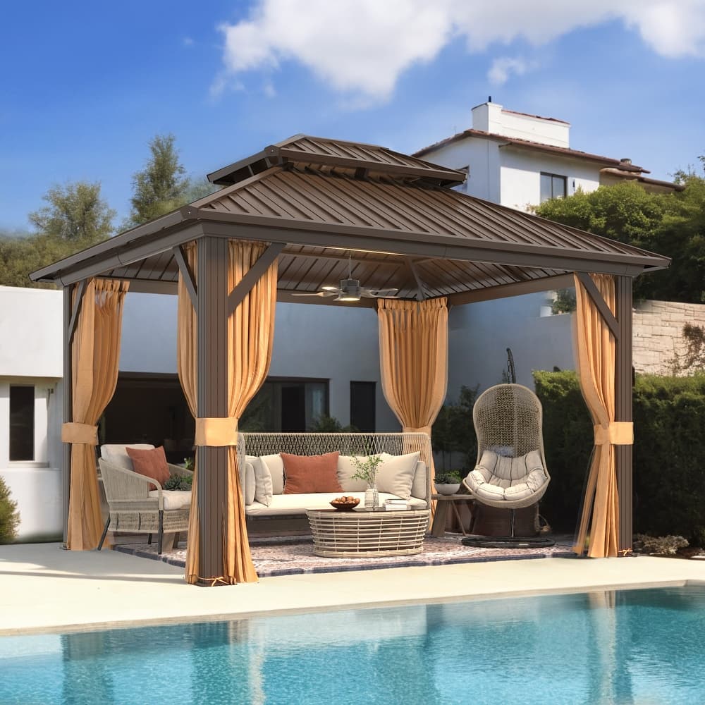 Outdoor Hardtop Gazebo with Double Galvanized Steel Roof & Aluminum Frame, Featuring Curtains and Netting for Added Comfort