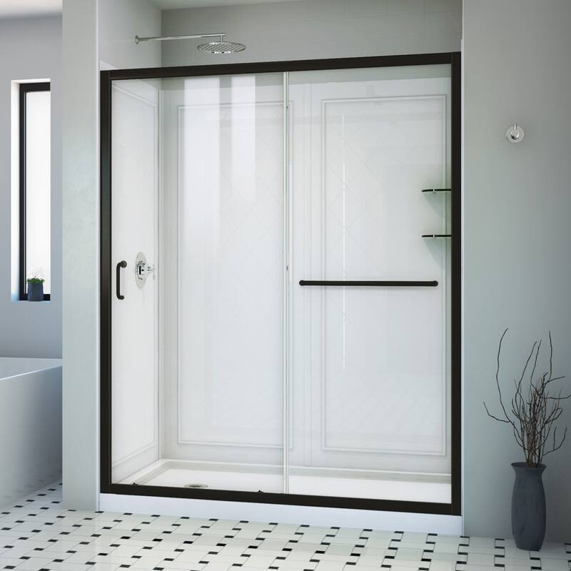 DreamLine Infinity-Z 30 in. D x 60 in. W x 76 3/4 in. H Sliding Shower Door, Shower Base and Backwall Kit - Satin Black Clear Glass Right Drain