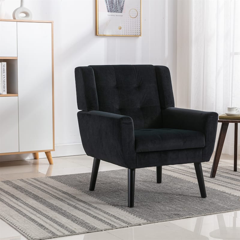 Black Velvet Modern 29.53" Upholstered Buttons Tufted Accent Chair with Black Solid Wood Legs