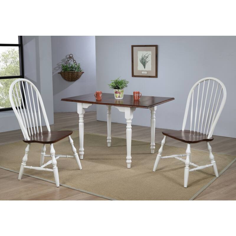 Rectangular Dining Set - 3 Piece Table & Chair Set - Expandable Drop Leaf Table - Antique White & Brown