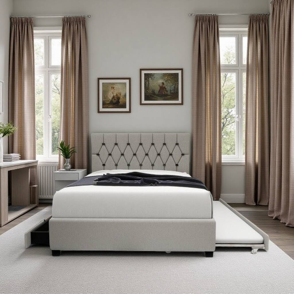 Modern Queen Upholstered Platform Bed with Gold Tufted Headboard, Pull-Out Trundle & 2 Storage Drawers, No Box Spring Needed