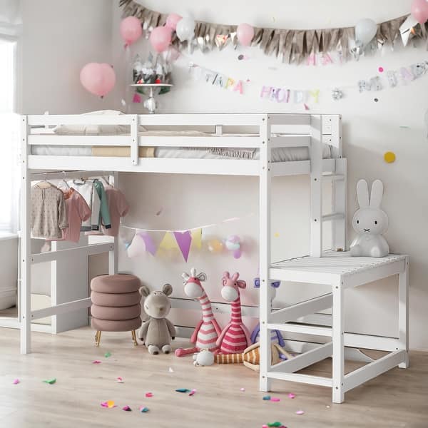slide 2 of 20, Twin High Loft Bed with Ladder landing Platform and Guardrails, White White
