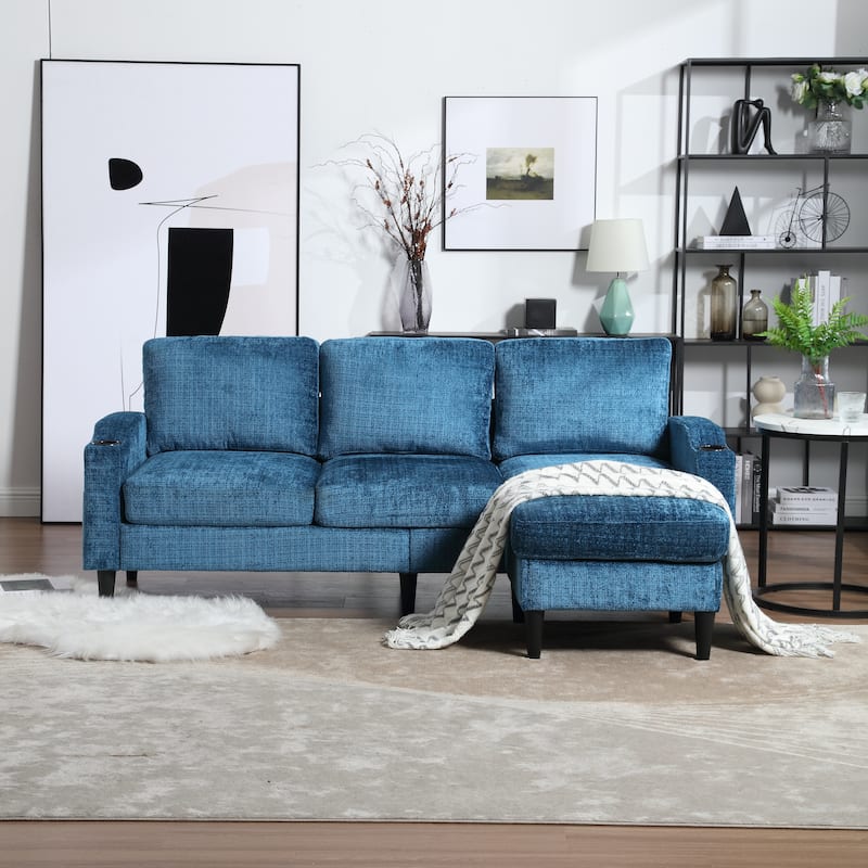 Chenille Deep Seat Couch with Chaise, L-shaped Sectional Sofa with Storage Ottoman, Cup Holders and Side Pockets for Living Room - Teal