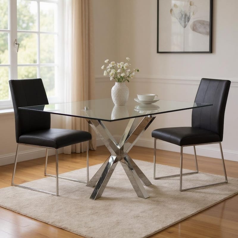 HomeRoots 60" Clear and Silver Glass and Metal Cross Leg Base Square Dining Table - 60.00 in. x 30.00 in. x 60.00 in. - Clear - 60.00 in. x 30.00 in. x 60.00 in.