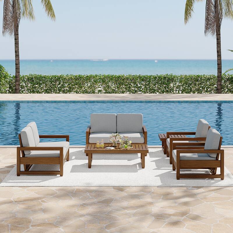 7-Piece Outdoor Teak Wood Conversation Set with Loveseat, Chairs and Tables
